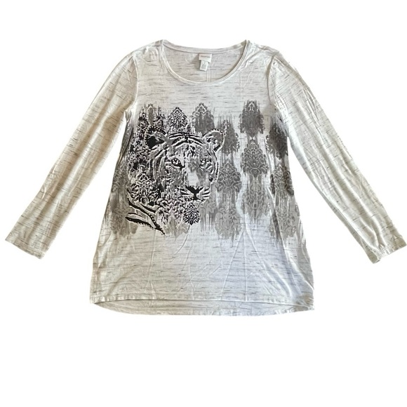 Chico’s Zenergy Sz 1 Tiger Face Long Sleeve Tunic Ivory Black Gold Studs Size M - Picture 6 of 13